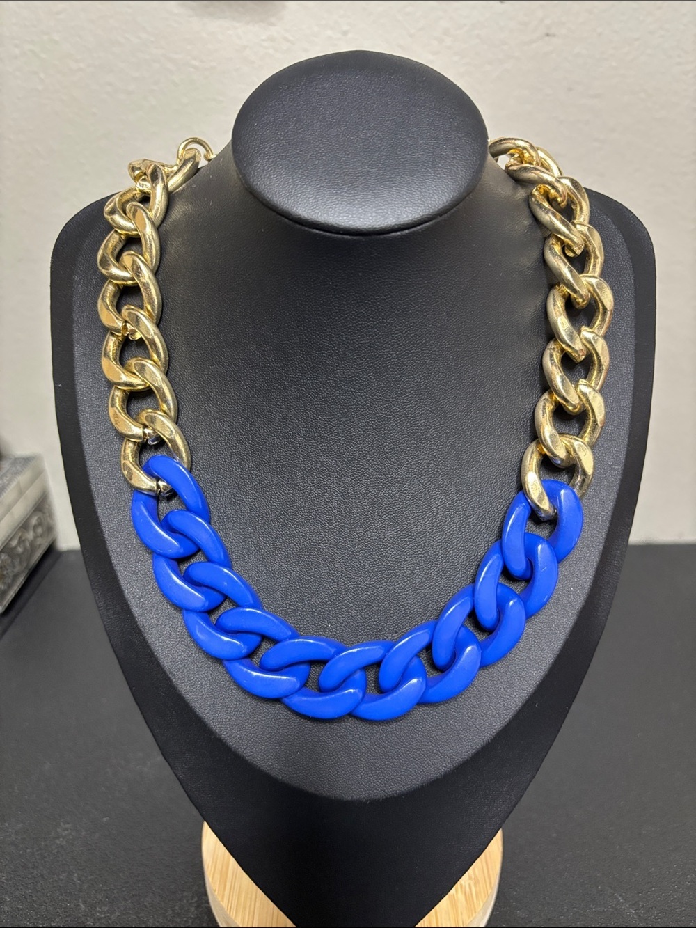 Chunky Blue Gold Tone Cuban Link Chain Statement Necklace
